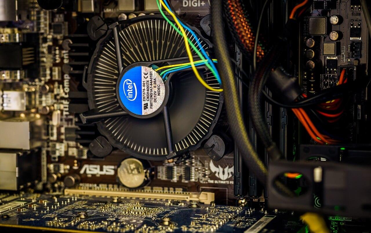 CPU cooling fan and motherboard close-up
